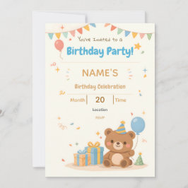 Cute Pastel Teddy Bear Kids Birthday Invitation Einladung