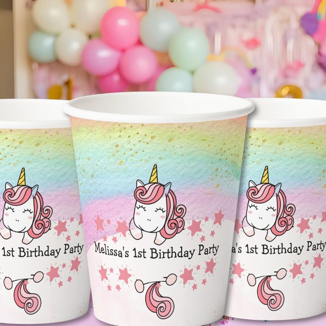 Cute Pastel Unicorn & Rainbow Birthday Party Pappbecher (Von Creator hochgeladen)