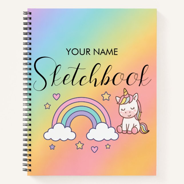 Cute Pastel Unicorn Rainbow Custom Name Notizbuch (Vorderseite)