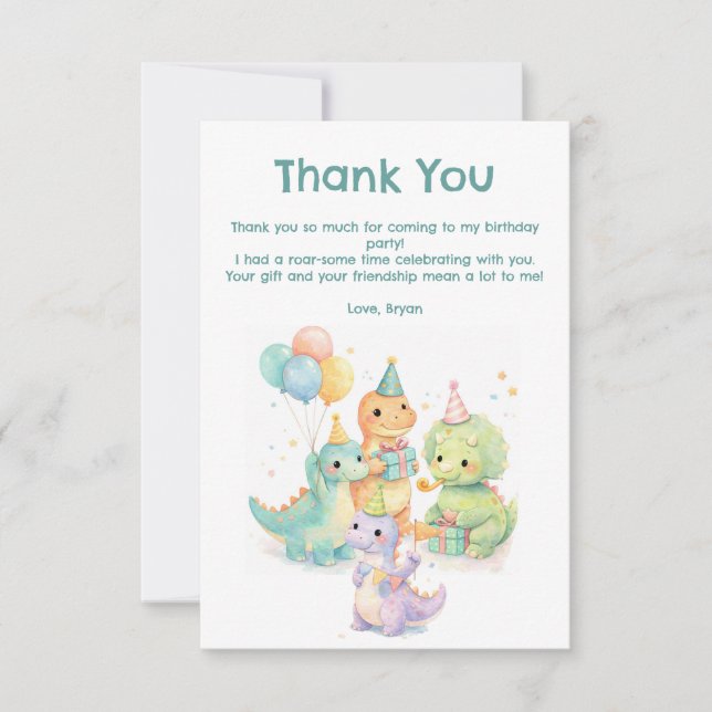Cute Pastel Watercolor Dinosaurs Birthday Dankeskarte (Vorderseite)