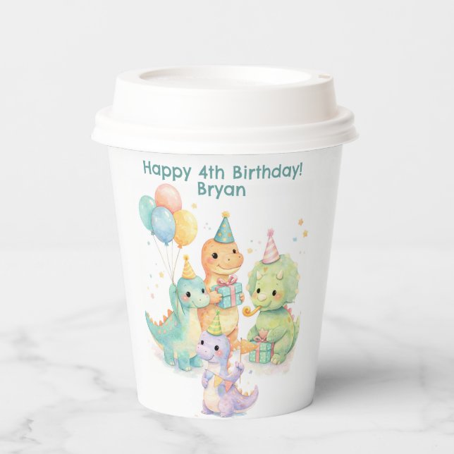 Cute Pastel Watercolor Dinosaurs Birthday Pappbecher (Vorderseite)