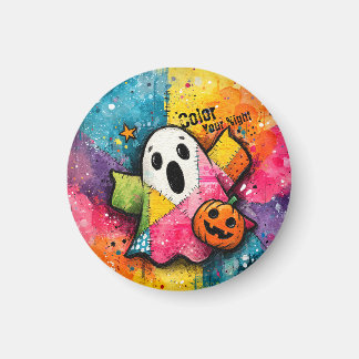 Cute Patchwork Ghost Colorful Splatter Art Magnet