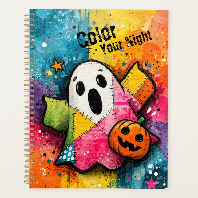 Cute Patchwork Ghost Colorful Splatter Art Planer (Vorderseite)
