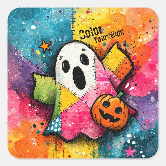 Cute Patchwork Ghost Colorful Splatter Art Quadratischer Aufkleber (Vorderseite)