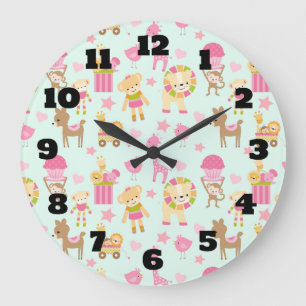 Cute Pattern with Whimsical Animals & Toys Große Wanduhr