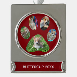 Cute Paw Print 5 Foto von Dog Christmas Red Banner-Ornament Silber