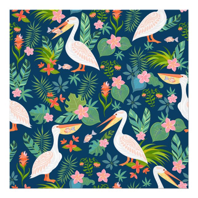 Cute pelicans colorful tropical flowers pattern fotodruck (Vorne)