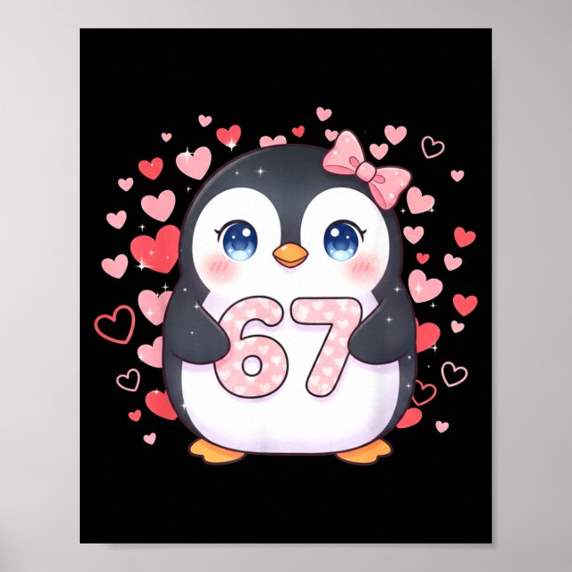 Cute Penguin 67 Six Seven Valentine Hearts 6 7 Mem Poster (Vorne)