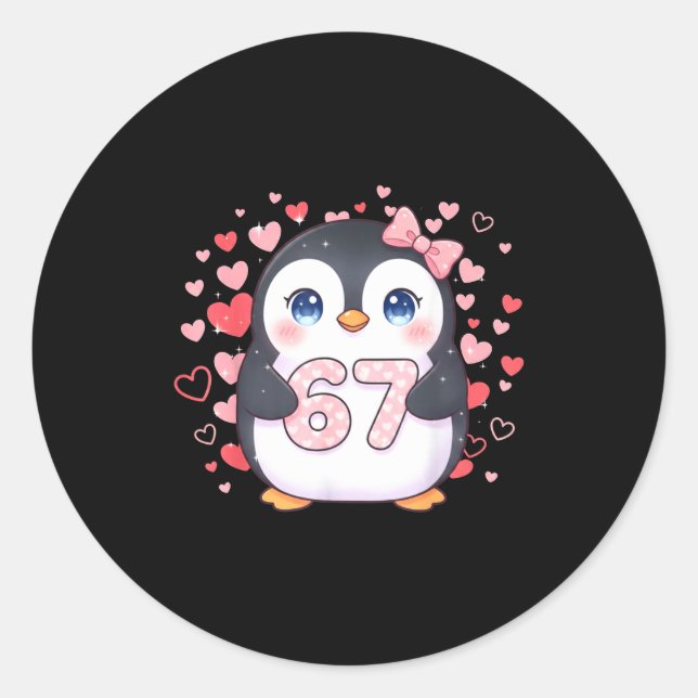 Cute Penguin 67 Six Seven Valentine Hearts 6 7 Mem Runder Aufkleber (Vorderseite)