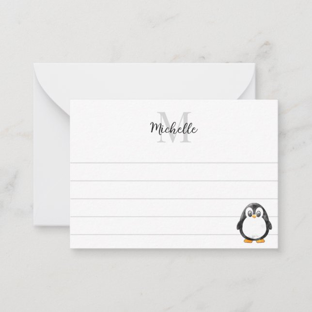 Cute Penguin Cartoon Custom Lined Monogram Mitteilungskarte (Vorderseite)