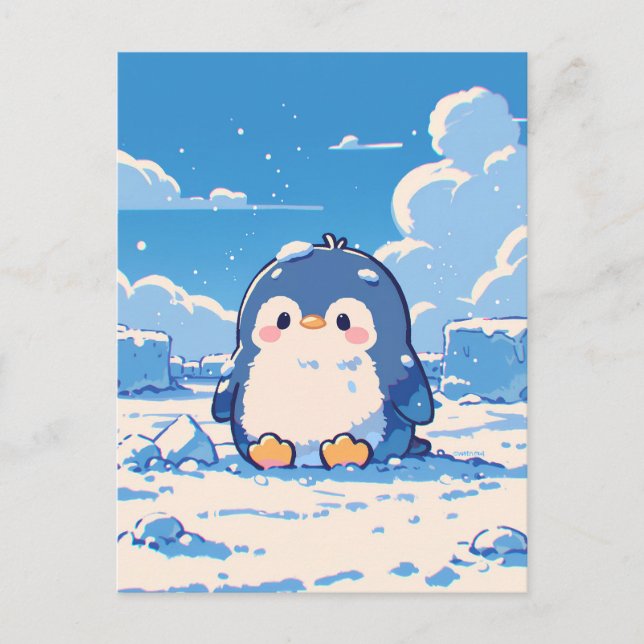 Cute Penguin Chick in Snowy Arctic Landscape Postkarte (Vorderseite)