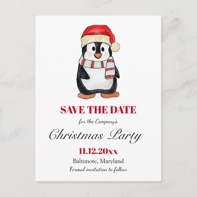 Cute Penguin | Christmas Party Save The Date  Ankündigungspostkarte (Vorderseite)
