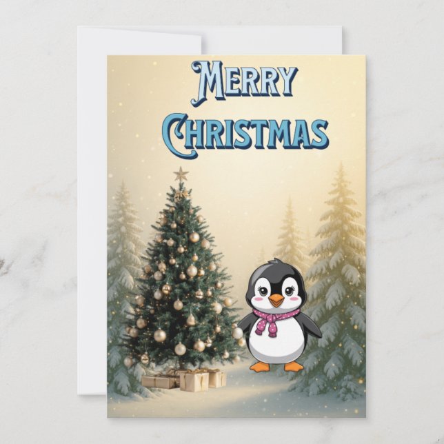 Cute Penguin & Christmas Tree Flat Holiday Card Einladung (Vorderseite)