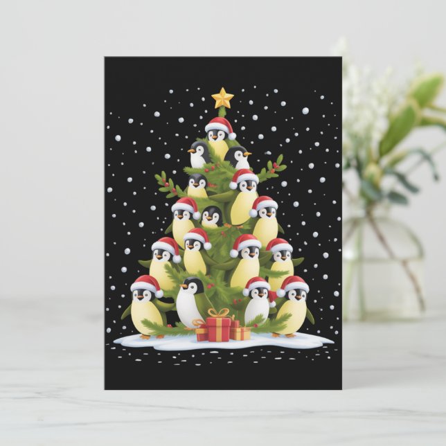 Cute Penguin Christmas Tree Funny Holiday Einladung (Stehend Vorderseite)