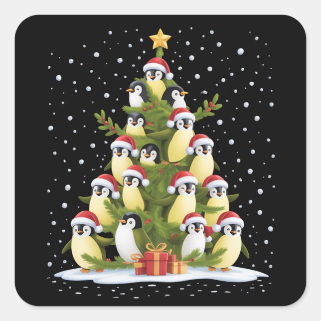 Cute Penguin Christmas Tree Funny Holiday Quadratischer Aufkleber (Vorderseite)