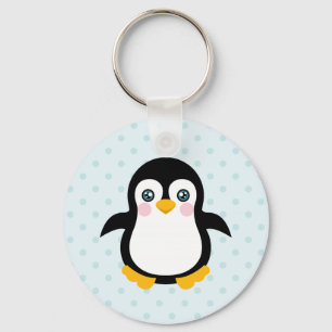 Cute Penguin Design Blue Polka Dot Background Schlüsselanhänger