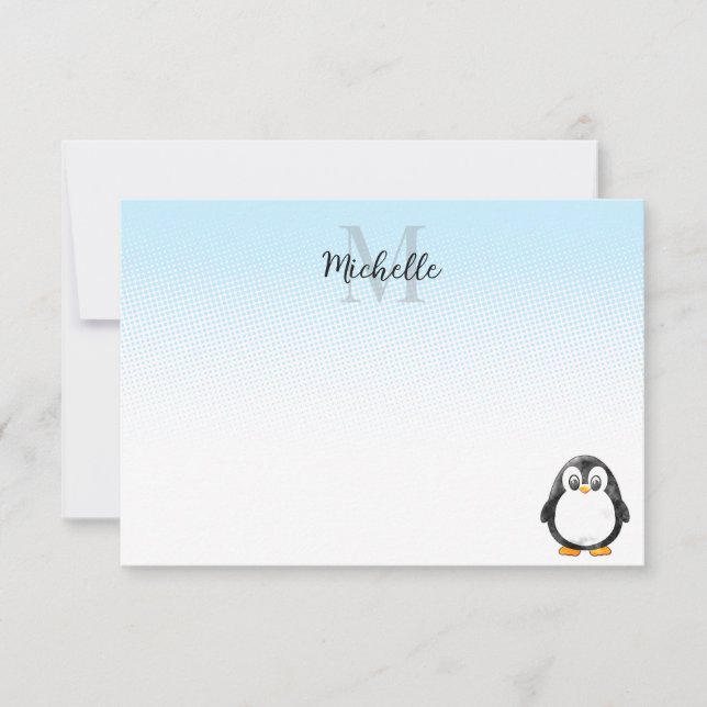 Cute Penguin Drawing Custom Monogram Mitteilungskarte (Vorderseite)