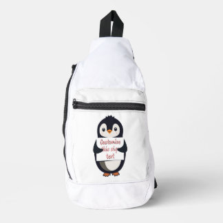Cute penguin holding a sign for personalized text crossbody bag