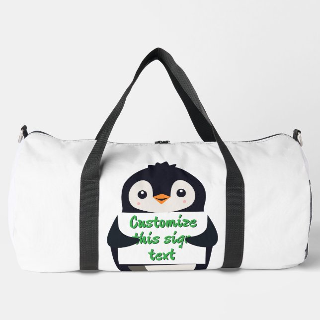 Cute penguin holding a sign for personalized text duffle bag (Vorderseite)