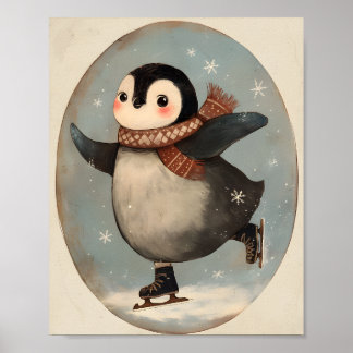 Cute Penguin Ice Skating | Nursery wall Art Poster