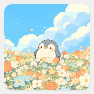 Cute Penguin in Colorful Wildflower Meadow Quadratischer Aufkleber
