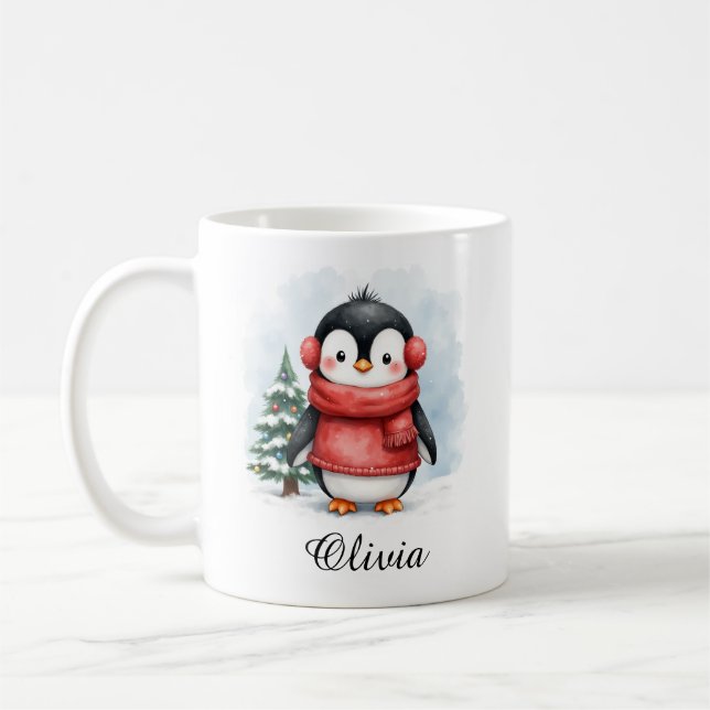 Cute Penguin in Sweater Custom Name Mug Kaffeetasse (Links)