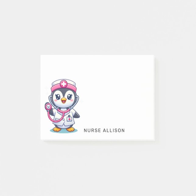 Cute Penguin Nurse Pink Stethoscope Custom 4x4 Post-it Klebezettel (Vorderseite)