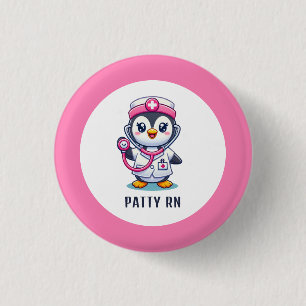 Cute Penguin Nurse Pink Stethoscope Custom Button