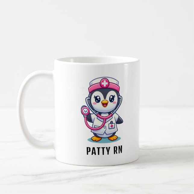 Cute Penguin Nurse Pink Stethoscope Custom Kaffeetasse (Links)