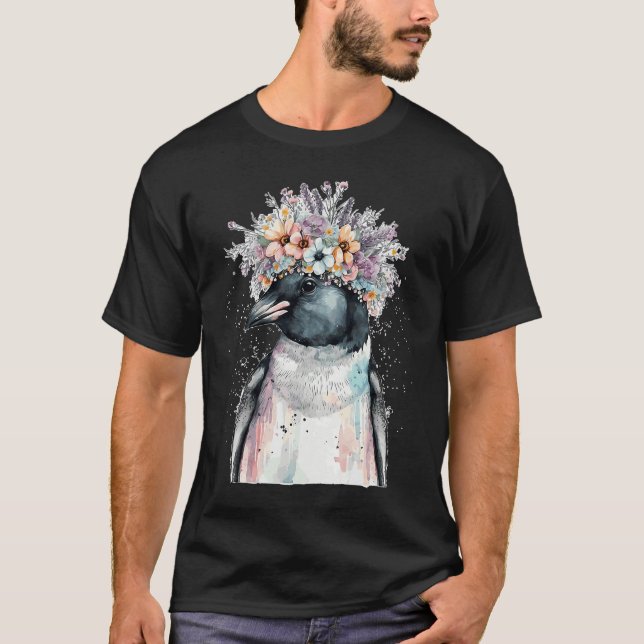 Cute Penguin Seabird Flower Crown Floral Birds T-Shirt (Vorderseite)