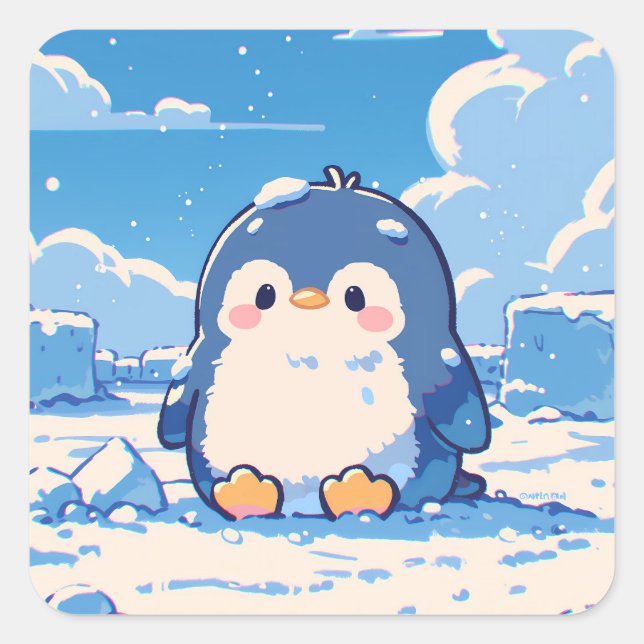 Cute Penguin Sitting in Winter Snow Quadratischer Aufkleber (Vorderseite)