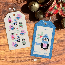 Cute Penguin with Gift Holiday Blue Gift Tag Geschenkanhänger