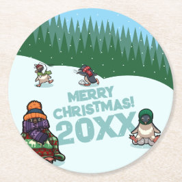Cute Penguins Add The Year Merry Christmas! Winter Runder Pappuntersetzer