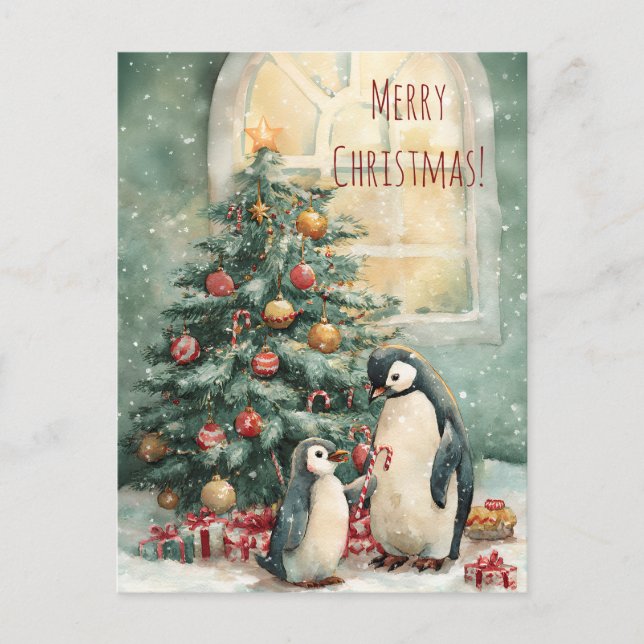 Cute penguins decorates Christmas tree, Christmas  Postkarte (Vorderseite)
