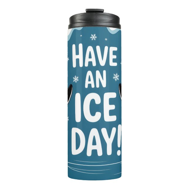 Cute Penguins Ice Skating Cartoon, Have an Ice Day Thermosbecher (Vorderseite)