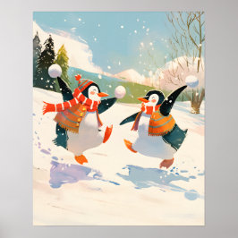 Cute Penguins Playing in Snow Watercolor Nursery  Poster