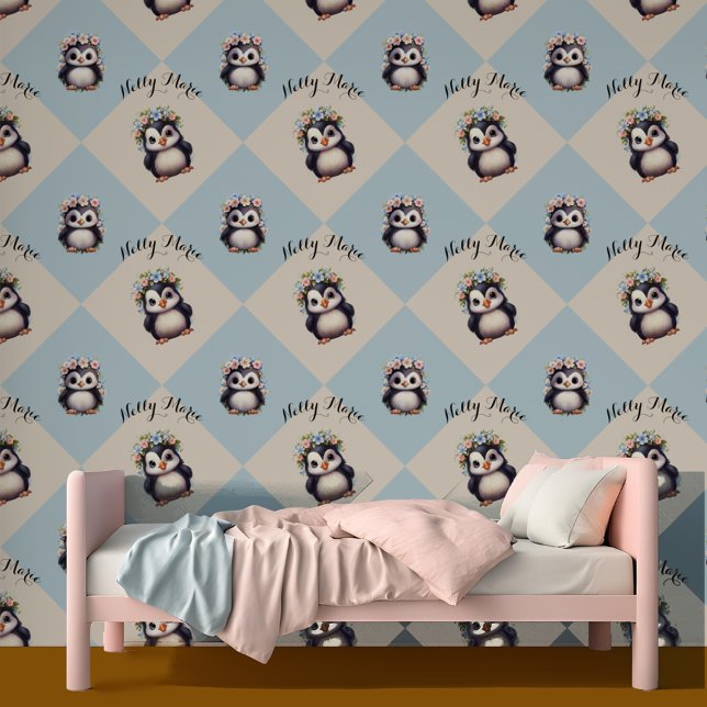 Cute Penguins with Name & Optional Bilingual Text Tapete (Bilingual Spanish Cute penguins custom name & personalized wallpaper.  Multilingual Project)