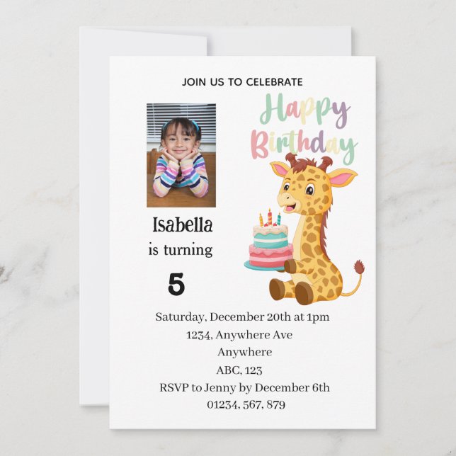 Cute Personalised Giraffe Birthday Party Einladung (Vorderseite)