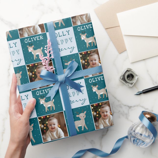 Cute Personalized Baby Photo Reindeer Christmas Geschenkpapier (Schenken)