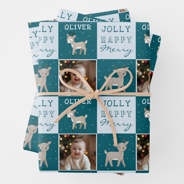 Cute Personalized Baby Photo Reindeer Christmas Geschenkpapier Set (Beispiel)