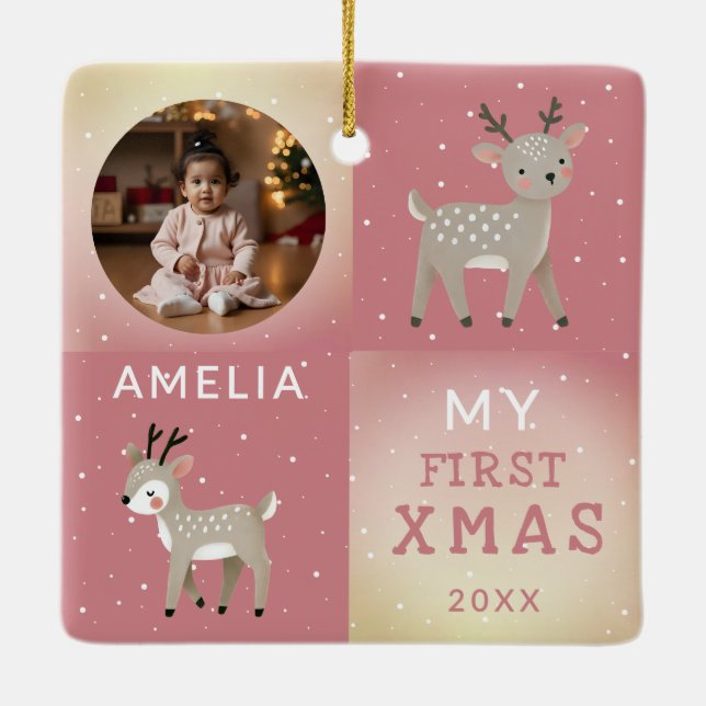 Cute Personalized Baby Photo Reindeer Christmas Keramikornament (Rückseite)