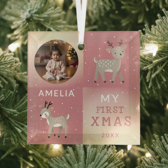 Cute Personalized Baby Photo Reindeer Christmas Ornament Aus Glas (Insitu)