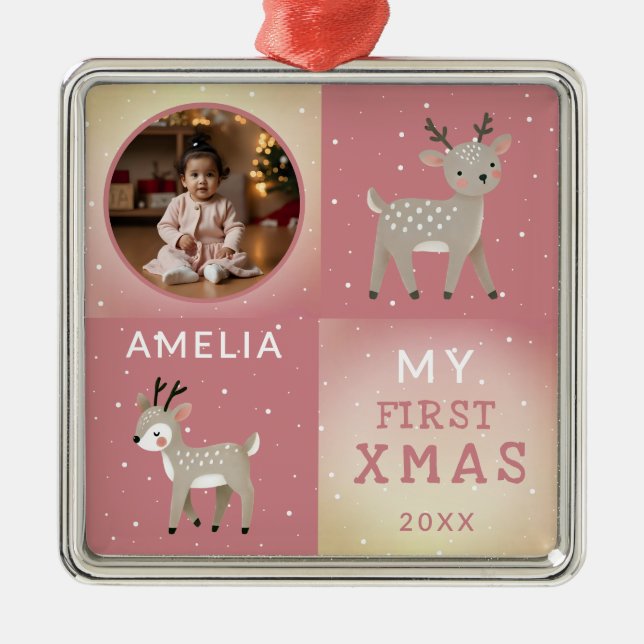 Cute Personalized Baby Photo Reindeer Christmas Ornament Aus Metall (Vorne)