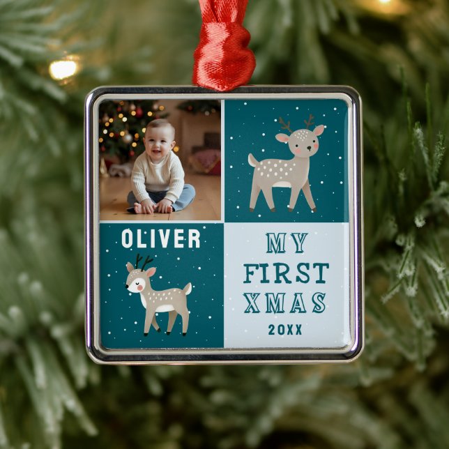 Cute Personalized Baby Photo Reindeer Christmas Ornament Aus Metall (Baum)