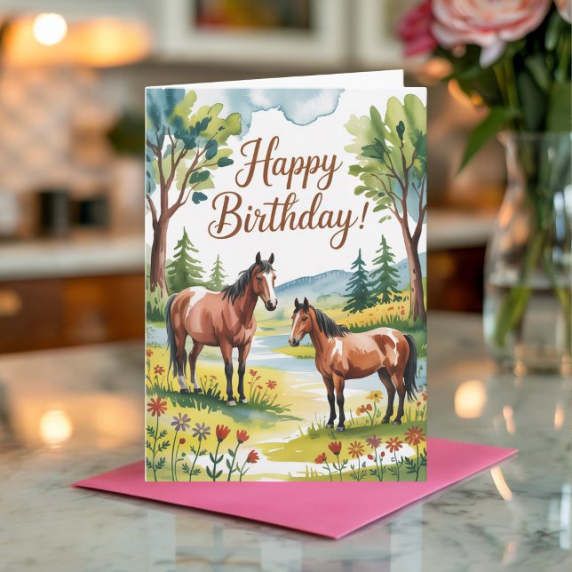 Cute Personalized Watercolor Horse Birthday Karte (Von Creator hochgeladen)