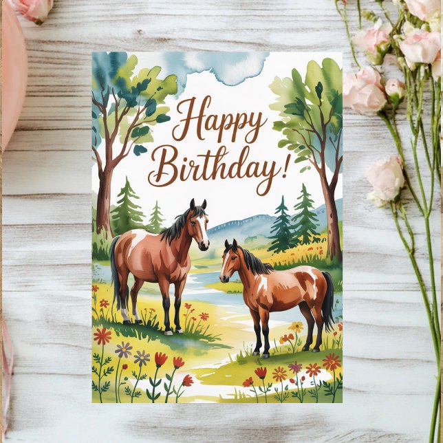 Cute Personalized Watercolor Horse Birthday Postkarte (Von Creator hochgeladen)