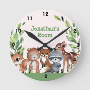 Cute Personalized Woodland Animals Round Clock Runde Wanduhr
