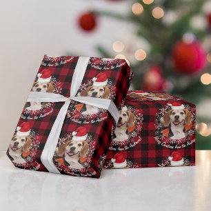Cute Pet Photo w Santa Hat Red Buffalo Plaid Geschenkpapier