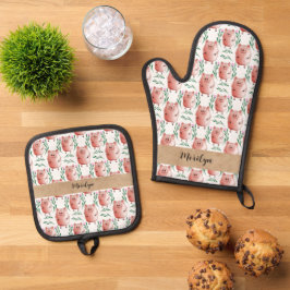 Cute Pig Illustration Oven Gloves – Farm Animal  Ofenhandschuh & Topflappen-Set