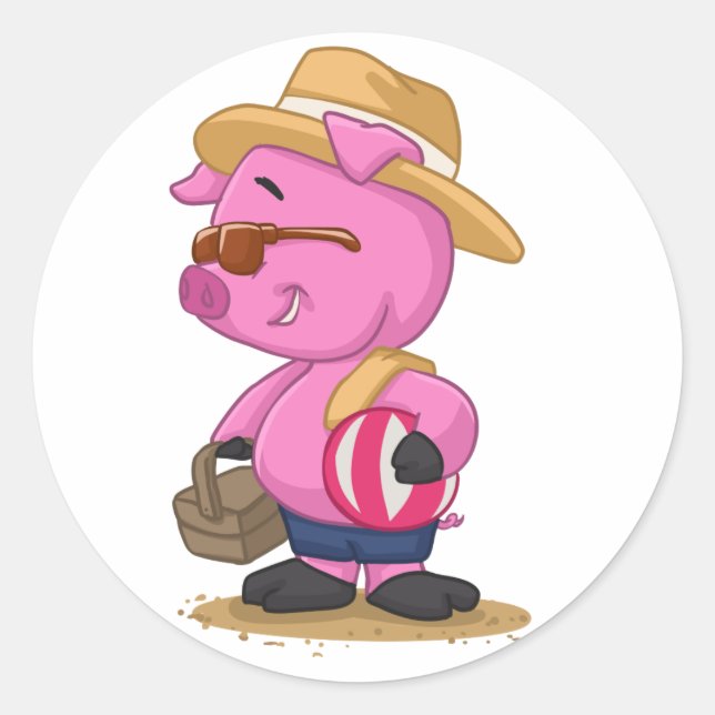 Cute pig on sand beach Choose Background | Runder Aufkleber (Vorderseite)